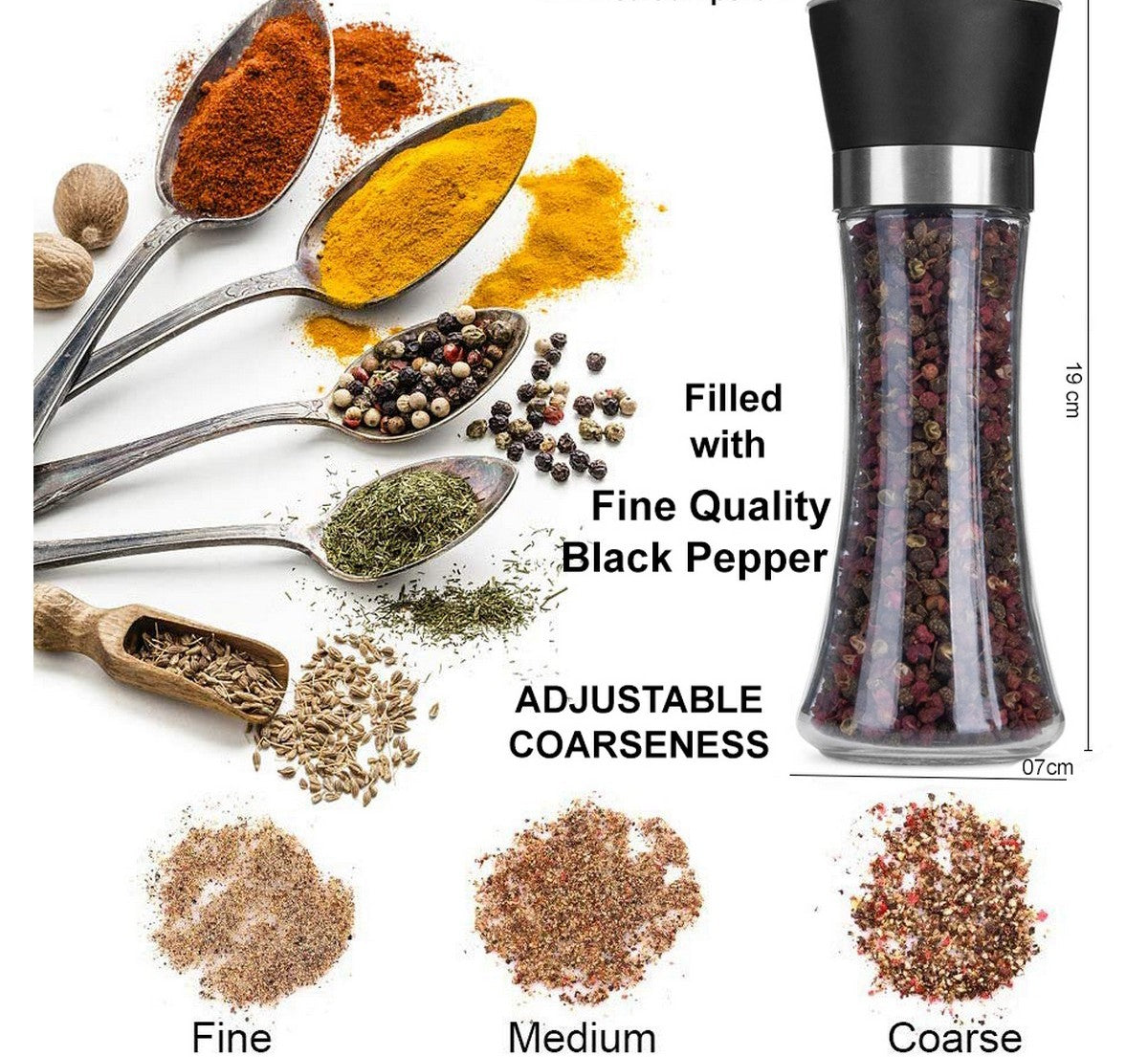 Salt and Pepper Grinding Mill Filled with Black Pepper- Adjustable Ceramic Salt & Pepper Grinder - Manual Operated Herbs Grinder