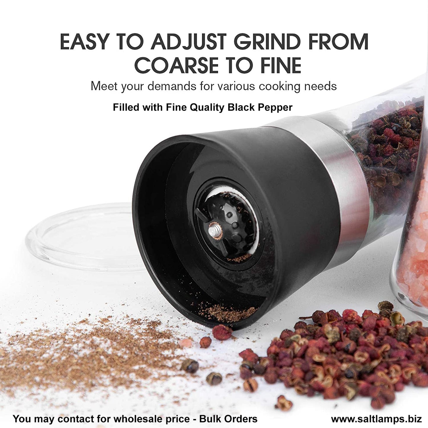 Salt and Pepper Grinding Mill Filled with Black Pepper- Adjustable Ceramic Salt & Pepper Grinder - Manual Operated Herbs Grinder