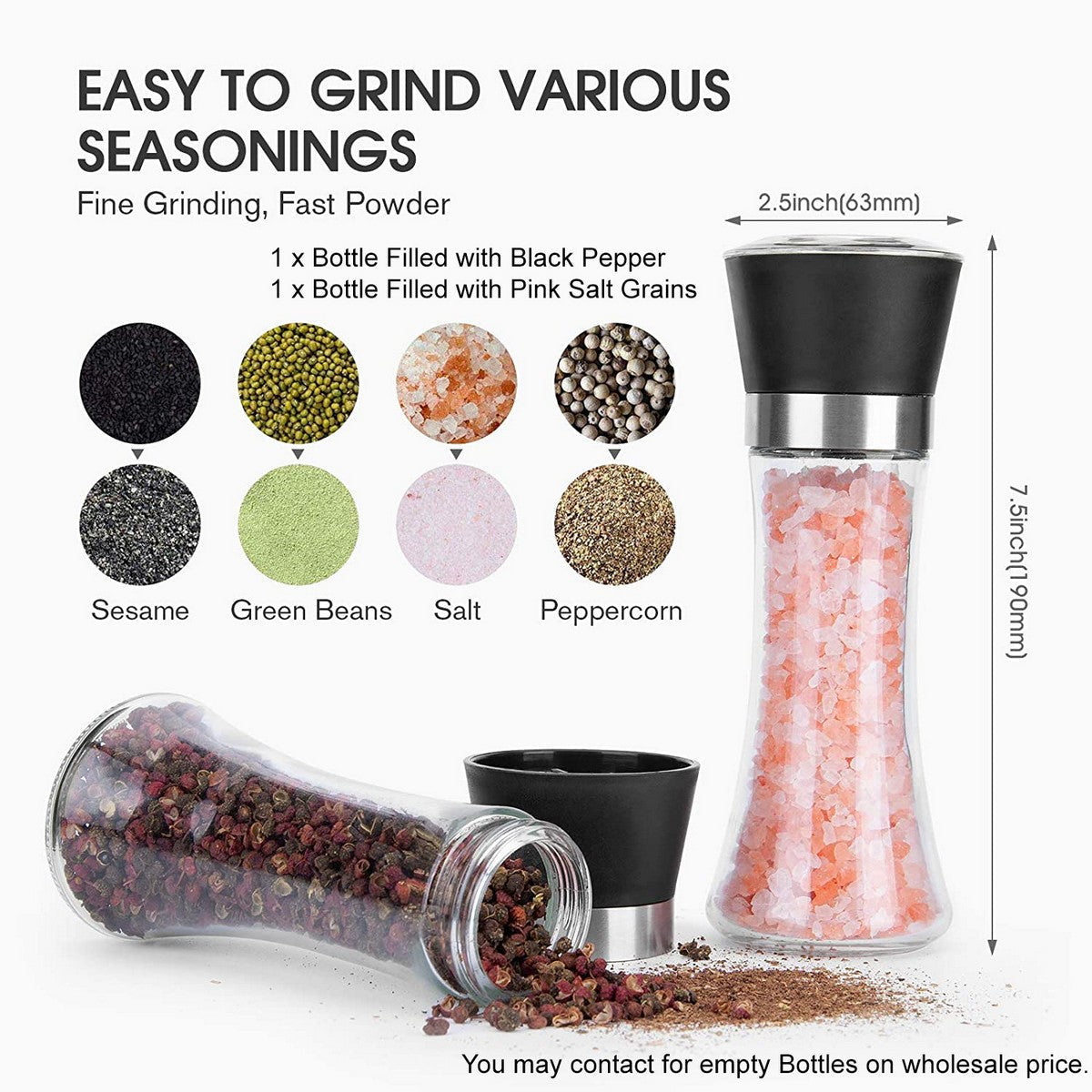 Salt and Pepper Grinding Mill Filled with Black Pepper- Adjustable Ceramic Salt & Pepper Grinder - Manual Operated Herbs Grinder